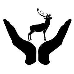 Vector silhouette of a hand in a defensive gesture protecting a deer. Symbol of animal, wild,forest, nature, humanity, care, protection.