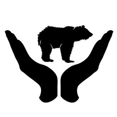Vector silhouette of a hand in a defensive gesture protecting a bear. Symbol of animal, wild,grizzly,nature, humanity, care, protection.
