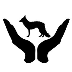 Vector silhouette of a hand in a defensive gesture protecting a fox. Symbol of animal, wild,forest, nature, humanity, care, protection.