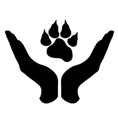 Vector silhouette of a hand in a defensive gesture protecting a paw. Symbol of animal, pet, nature, humanity, care, protection, veterinary.