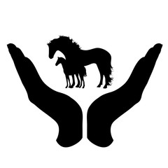 Vector silhouette of a hand in a defensive gesture protecting a horse with foal. Symbol of animal, farm, humanity, care, protection, veterinary.