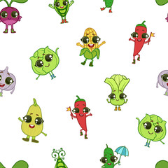 Colorful Funny Vegetables Characters Seamless Pattern, Healthy Food Vector Illustration