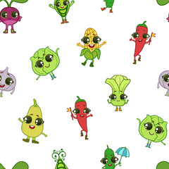 Obraz premium Colorful Funny Vegetables Characters Seamless Pattern, Healthy Food Vector Illustration