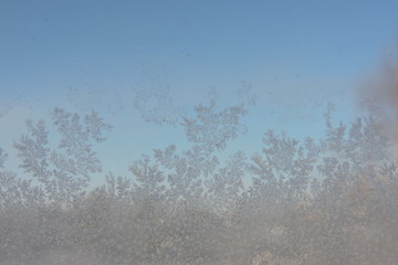 A close-up of beautiful ice flowers on a window, blue sky in the background © E-lona