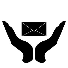 Vector silhouette of a hand in a defensive gesture protecting a letter. Symbol of post office,delivery,protection,