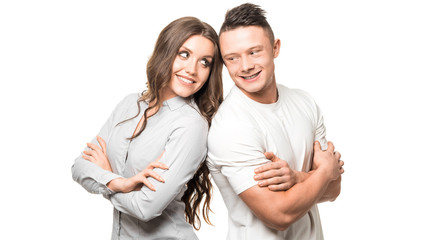 Close up millennial couple in love. Portrait of a couple planning a happy future. Back to back. Teamwork.