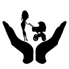 Vector silhouette of a hand in a defensive gesture protecting a family. Symbol of insurance, mother, baby, protection,