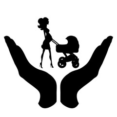 Vector silhouette of a hand in a defensive gesture protecting a family. Symbol of insurance, mother, baby, protection,
