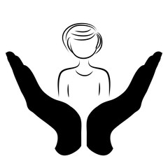 Vector silhouette of a hand in a defensive gesture protecting a woman. Symbol of insurance, people, protection,