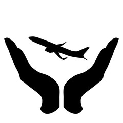Vector silhouette of a hand in a defensive gesture protecting a aircraft. Symbol of insurance, transportation, protection,