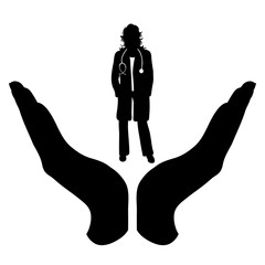 Vector silhouette of a hand in a defensive gesture protecting a doctor. Symbol of insurance, hospital,healthy, protection,