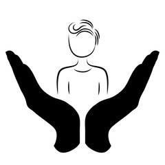 Vector silhouette of a hand in a defensive gesture protecting a man. Symbol of insurance, people, protection,