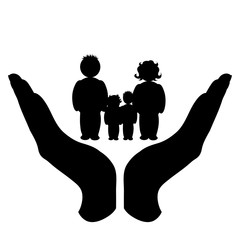 Vector silhouette of a hand in a defensive gesture protecting a family. Symbol of insurance, mother, father, son, daughter, protection,