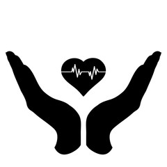 Vector silhouette of a hand in a defensive gesture protecting a heart with pulse. Symbol of insurance, life, healthy,protection,