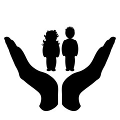 Vector silhouette of a hand in a defensive gesture protecting a children. Symbol of insurance, boy, girl, child, protection,
