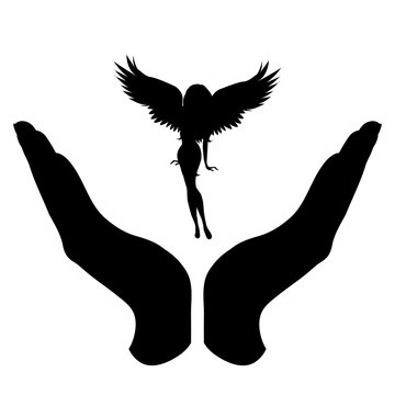 Vector silhouette of a hand in a defensive gesture protecting a angel. Symbol of insurance, protection,