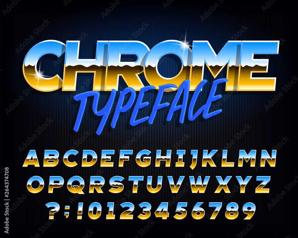 Fototapete chrome alphabet font. chrome effect letters and numbers on dark background. stock vector typeface fo