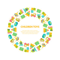 Children Toys Banner Template with Place for Text and Cute Toys in Circular Shape, Kids Shop Design Element Vector Illustration