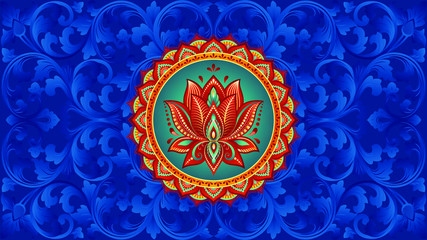 Colorful Lotus Flower Mandala With Blue Vines And Flourishes Background Ornament