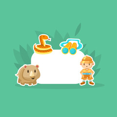 African Animals and Boy in Safari Outfit with Empty Banner Vector Illustration