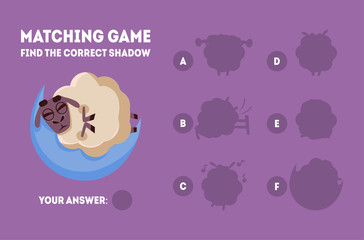 Matching Game with Cute Sleeping Sheep, Find the Correct Shadow Educational Game for Kids Vector Illustration