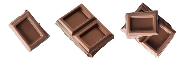 Collection of chocolate pieces, isolated on white background
