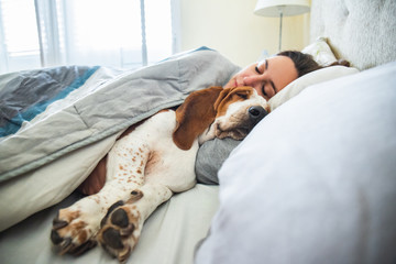 Girl and dog sleeping together comfortably and cuddled in bed in the morning. In bed with best friend brown and white basset hound dog with happy face to wake up next to your pet - Powered by Adobe