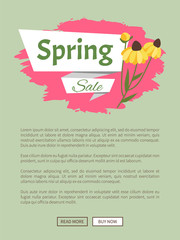 Spring sale webpage decorated by yellow daisies, shopping online. Website with links buy and read now, springtime prices, label with blossom vector