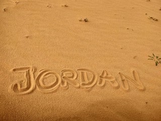 Jordan country name background in desert sand of Wadi rum