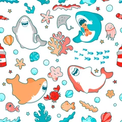 Papier peint Animaux marins Modèle sans couture marin mignon avec les requins, les animaux et les algues de kawaii, monde sous-marin