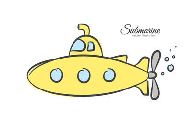 Hand drawn cartoon yellow submarine on white background.