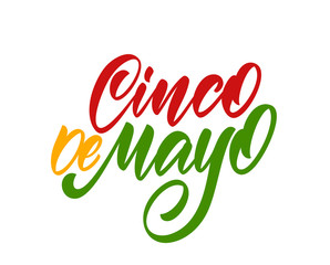 Colorful Handwritten calligraphic type lettering of Cinco De Mayo on white background