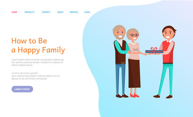 How to be happy family, birthday celebration vector web page. Elderly people holding present, grown up son of senior couple greeting with special event
