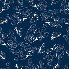 Seamless texture with the image of octopuses and seashells. White image on blue background.