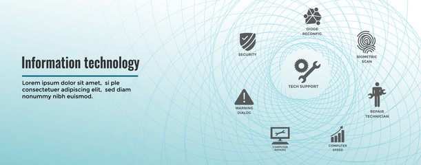 Information technology Web Header Banner with Wrench, Computer Repairman, computer icons, etc.