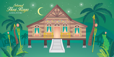 traditional malay village house. Malay word "selamat hari raya aidilfitri" that translates to wishing you a joyous hari raya.
