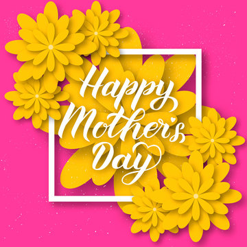 Happy Mothers Day calligraphy lettering with colorful spring flowers. Origami paper cut style vector illustration. Template for Mothers day party invitations, greeting cards, tags, flyers, posters.
