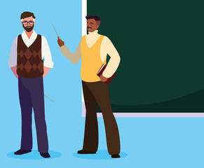 teachers couple with chalkboard characters