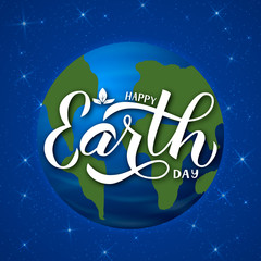 Happy Earth Day calligraphy hand lettering. Planet in space.  Easy to edit vector template for typography poster, banner, logo design, flyer, greeting card, brochure, etc.