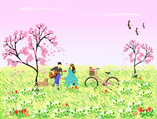 Naklejka na ściany i meble The man was playing the guitar for woman to listen under the pink flower tree. There are dogs and bicycles beside ,with a reed field ,With pink sky as a background