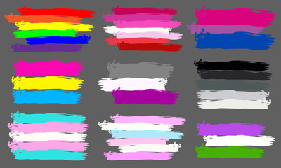 Set of different flags of lgbt community on dark background. Vector illustration of gay pride flag.