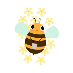 Happy bee flying with a bucket of honey