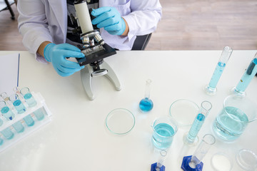 Research scientist in laboratory room., Science, chemistry, technology, biology concept