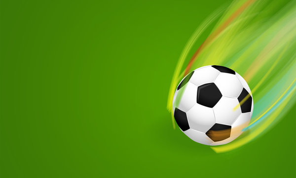 Soccer ball with motion on green background, football background illustration.