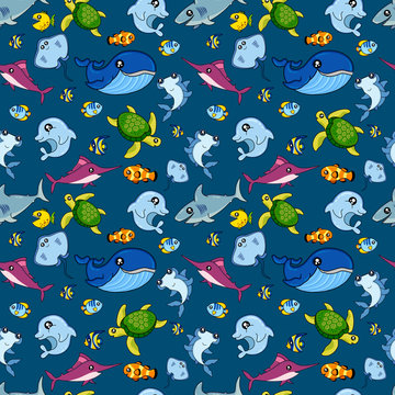 Cute kids fish pattern for girls and boys. Colorful fish on the abstract background create a fun cartoon drawing. The fish pattern is made in pastel colors. Urban pattern for textile and fabric.