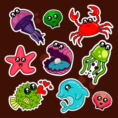 Obraz na płótnie Canvas Fashion patch badges with shell, crab, sea, water, octopus, star fish and other. Very large set of girlish and boyish stickers, patches in cartoon isolated.Trendy print for backpacks, things,clothes