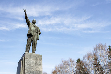 UFA, RUSSIA - 7 APRIL 2019: Sculpture of Vladimir Ilyich Lenin in the town square against the sky....