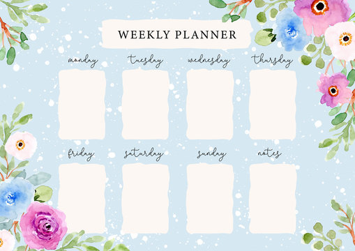 weekly planner with beautiful watercolor floral frame