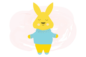 Happy cute rabbit in blue sweater - vector cartoon illustration