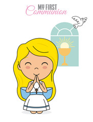First communion card. Praying girl
